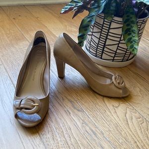 Tan open toe heels. Etienne Aigner.  Size 8m